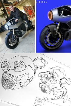 two photos, one with a motorcycle and the other with blueprints