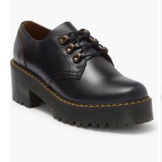 Leona Lug Sole Platform Derby (Women) Dr. Martens Black, Size 8us/ 6uk 2 1/4" Heel; 1" Platform Cushioned Footbed Leather Upper/Synthetic Sole Black Platform Oxfords With Plain Toe, Black Platform Lace-up Shoes With Almond Toe, Black Lace-up Shoes With Lug Sole For Fall, Black Lace-up Platform Oxfords, Black Platform Oxfords With Closed Toe, Black Lace-up Shoes With Reinforced Heel And Round Toe, Black Lace-up Shoes With Reinforced Heel, Black Lace-up Heels With Lug Sole, Black Almond Toe Oxfords With Lug Sole