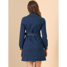 This dress is cut from denim and detailed with double-breasted and a belted waist. This denim dress is made of 75% cotton, it's stretchy. It has its unique style. The lovely jeans dress also can be a coat. Team this jean dress with chunky boots and a shoulder bag to complete your outfit of the day. It is classy, chic, and perfect for everyday wear, and work, as well as for going out. Denim is the new back! Grab the latest denim dress trends and enjoy the smartest casual look in this fall! Fitted Belted Denim Dress For Fall, Fitted Belted Denim Dress In Denim Blue, Fitted Denim Blue Belted Denim Dress, Blue Belted Cotton Denim Dress, Blue Cotton Belted Denim Dress, Blue Cotton Denim Dress With Belt, Fitted Collared Belted Denim Dress, Fitted Blue Denim Belted Dress, Fitted Collared Denim Dress With Belt