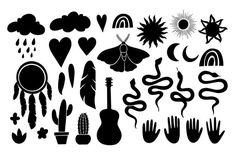 a collection of black and white silhouettes of plants, flowers, hearts, sun, clouds