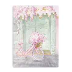 a painting of a pink bicycle with flowers