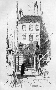 an old black and white drawing of a building