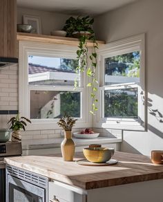 a bowl of fruit sits on the counter in front of an open window with potted plants