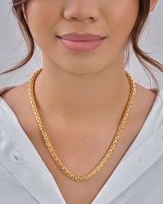 Add some shine to any look with this glam gold wheat chain! This necklace is sure to add the perfect finishing touch to any look. Pair it with your other favorite gold-tone pieces for a glam ensemble. Materials: 14K gold plated brass Features: Measures 18.5" with 2" extender, 6mm wide, Lead & Nickel free, lobster clasp Lobster Clasp, Wheat, Chain Necklace, Gold Tones, Gold Necklace, Gold Plate, Plating, Pendant Necklace, Brass