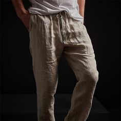 Men's Linen Pants Trousers Summer Pants Beach Pants Drawstring Elastic Waist Straight Leg Plain Comfort Outdoor Casual Daily Linen / Cotton Blend Basic Streetwear Black Brown Leisure Linen Bottoms With Pockets, Linen Leisure Bottoms With Pockets, Linen Bottoms With Pockets For Leisure, Casual Linen Leisure Bottoms, Casual Linen Bottoms For Leisure, Basic Streetwear, Mens Linen Pants, Mens Linen, Summer Pants