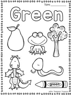 the green coloring page is shown with different things to color and write on it's side