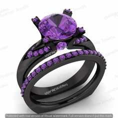 black gold wedding ring set with amethoraite and purple sapphire stones for women