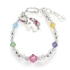 Popular sterling silver unicorn charm bracelet is accented with sparkling rainbow color high-end crystals. The adorable unicorn charm is designed with pink CZ stones. This is a fun gift for girls that love unicorns! This bracelet features adjustable sizing you will love, just move to the next ring as the child grows for a perfect fit. Bracelet is lead free, nickel free and is safe for your little one to enjoy. Comes in a sweet gift box that kids love. Made in the USA Make it extra special by add Fantasy Unicorn, Unicorn Bracelet, Unicorn Charm, Unicorn Rainbow, Gift For Girls, Rainbow Color, Sweet Gifts, Birthday Gifts For Kids, Keepsake Gift