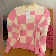 Size L Pink And Cream Sweater Cute Pink Sweater For Fall, Winter Pink Cotton Sweater, Pink Color Block Top For Fall, Pink Cotton Trendy Sweater, Cute Pink Sweater For Spring, Pink Color Block Sweater For Fall, Fall Color Block Pink Sweater, Pink Color Block Cotton Sweater, Cute Fitted Pink Sweater