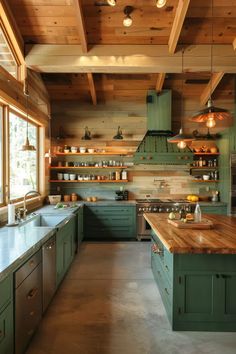 a large kitchen with green cabinets and wood ceilinging, along with wooden counter tops