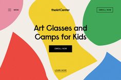 the art classes and camps for kids website is displayed on a white background with multicolored shapes