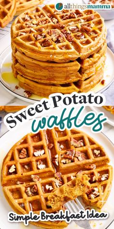 stack of four Sweet Potato Waffles served on a white round plate topped with syrup and chopped pecans. Leftover Sweet Potatoes, Blueberry Waffles Recipe, Potato Waffle Recipe, Healthy Waffles, Potato Waffles, Sweet Potato Bread, Waffle Maker Recipes, Sweet Potato Waffles, Sweet Potato Pancakes