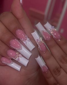 Long Square Bling Acrylic Nails, Glam Nails Designs, Pink Nail Sets, Coquette Nail, Punk Nails, Edgy Nails