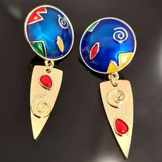 Women's Earrings - New Gold With Synthetic Ruby Inlay Blue Abstract Design Ships Within One Business Day Bundle And Save On Shipping Blue Metal Clip-on Earrings, Blue Metal Drop Clip-on Earrings, Unique Blue Metal Earrings, Retro Abstract, Blue Abstract, Blue Gold, Abstract Design, New Color, Women's Earrings