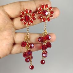 100% Unique & Handmade 18k Gold Plated Red Sparkle Crystals Hypoallergenic This Is Handmade Product, You Won't Find It In Any Other Store Really Exclusive, I Only Made 1 For This Model, Once Is Sold It Won't Be Re Stock Elegant Crystal Flower Shape Earrings For Party, Red Flower Shape Earrings For Party, Red Floral Earrings For Party, Red Flower-shaped Earrings For Party, Red Flower Shaped Party Earrings, Red Flower-shaped Party Earrings, Elegant Red Bridal Earrings, Elegant Red Flower-shaped Jewelry, Valentine's Day Red Flower Party Earrings