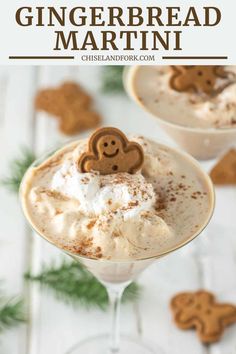 two glasses filled with gingerbread martinis on top of a table