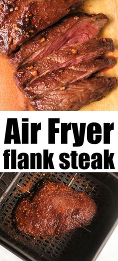 air fryer flank steak on the grill with text overlay