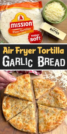 The best cheesy comfort food in less than 10 minutes! How to make the most delicious cheesy garlic bread in your air fryer with flour tortillas, butter, cheese, and seasoning. We love making this as a quick snack when we are craving something yummy to eat, but it’s also a great last minute side dish to serve with dinner. It's awesome with salad! You could also serve it as a last minute appetizer with some dipping sauce. Last Minute Snacks, Tortilla Garlic Bread, Cheesy Tortilla, Air Fryer Tortilla, Lazy Dish, Creamy Chicken And Rice, Air Fryer Recipe, Garlic Bread Recipe