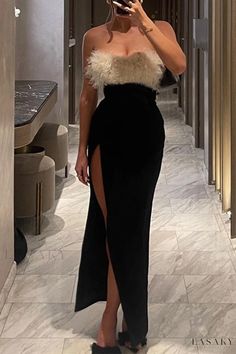 Lasaky - Stylish Backless Irregular Dresses with Solid Feathers and Contrast Strapless Design (Featuring Authentic Photography) Nye Dress Classy, Feather Dress Long, Tube Midi Dress, Chic Evening Dress, Prom Inspo, Party Kleidung, Prom Dress Inspiration, Split Maxi Dress, Formal Outfits