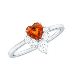 Prong Set Created Orange Sapphire Heart Ring with Diamond Lab Created Orange Sapphire - ( AAAA ) - Quality - Rosec Jewels Orange Cut, Orange Sapphire, 18k Yellow Gold Ring, Promise Ring, Exquisite Design, Yellow Gold Rings, Promise Rings, Prong Setting, Ring Shopping