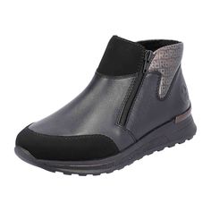 Rieker HWK Women's Boots, Black Rieker HWK Women's Boots - Black Stay stylish and comfortable with these Rieker HWK Women's Boots. Perfect for the colder seasons, these boots feature a warm lining to keep your feet cozy. The smooth leather upper and wide fit provide both durability and comfort. The practical zip closure makes them easy to put on and take off. With a sleek design and a low heel, these boots are versatile for various outfits and occasions.   Color: Black  Heel Height: 3.5cm  Heel Shape: Flat  Shoe Width: Wide (H)  Removable Insole: Yes  Sole Color: Black  Closure: Zipper  Season: Autumn/Winter  Material: Smooth Leather  Lining Material: Textile  Insole Material: Textile & Synthetic  Sole Material: PU   Keep your boots looking great by removing dust and dirt with a soft shoe Rieker Boots, Black Leather Boots Women, Shoe Brushes, Soft Shoes, Black Boots Women, Black Leather Boots, Black Heels, Low Heels, Smooth Leather