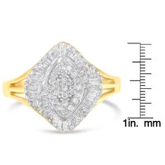 A diamond cocktail ring that sparkles with a central marquise-shaped cluster of round brilliant cut diamonds surrounded by a halo of baguette diamonds. The band is crafted in elegant 10 karat yellow gold. The ring has a total diamond weight of 1/2 carat. Marquise Cut Diamond Ring With Baguette Diamonds, Baguette Diamond Marquise Cut Promise Ring, Baguette Diamond Cluster Ring For Anniversary, Marquise Cut Cubic Zirconia Ring With Baguette Diamonds, Marquise Cut Diamond White Ring With Baguette Diamonds, Marquise Baguette Diamond Ring In Diamond White, Diamond Cocktail Ring, Fine Ring, Baguette Diamonds