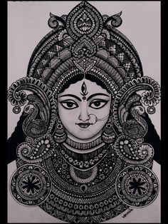 a drawing of a woman's face in black and white with an intricate headdress