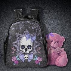 Pastel Goth, Creepy Cute, Skull, Gothic, Creepy, Pastel, Kawaii Goth, Soft Goth, Spiders, Cute Skull, Horror, Kawaii, Multi-pocket Backpack by SassyDreamerDesign on Etsy Cute Halloween Backpack For Everyday Use, Cute Halloween Travel Backpack, Cute Halloween School Backpack, Black Emo Style School Bag, Purple School Bag For Halloween, Halloween School Backpack, Casual Black Bags With Skull Print, Gothic School Backpack, Gothic Halloween Backpack