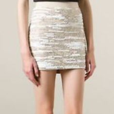 Cream Colored Mini Skirt With White And Silver Sequins Details For 2,290 Elegant White Sequined Mini Skirt, Fitted White Skirt With Sequins, White Fitted Skirt With Sequins, Beige Mini Skirt, Mini Skirt Party, Silk Mini Skirt, Ruffled Mini Skirt, Beaded Skirt, Hippie Skirts