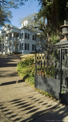 an iron gate in front of a large white house with trees on the side walk