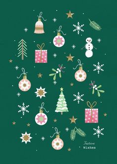 christmas ornaments and snowflakes on a green background