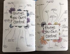 an open notebook with writing on it that says things you can control and flowers in the middle