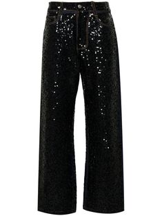 black/blue cotton blend denim mid-wash sequin embellishment contrast stitching belt loops classic five pockets straight leg front button and zip fastening Sequin Embellishment, Zegna Shoes, Fringe Skirt, Pleats Please Issey Miyake, Fashion Line, Yoga Wear, Jean Outfits, Straight Jeans, Straight Leg Jeans