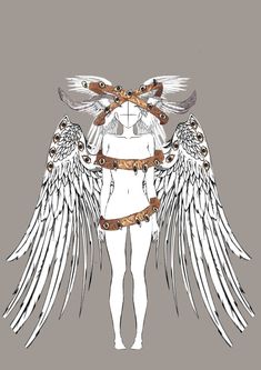 an angel with wings and chains around it's body, standing in front of a gray background