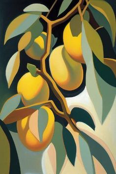 a painting of lemons on a tree branch