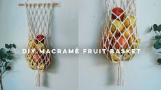 two pictures of fruit in a net hanging on the wall