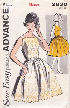 This vintage Advance sewing pattern was designed in 1963. It makes a dress with a square neckline, a very full skirt and optional scallops at the neckline and hem. Size 16: Bust 36   ---   Waist 28   ---   Hip 38. It is unused and still in factory folds. The instructions are included. The envelope has typical age wear and will arrive in an archival sleeve. To see more vintage dress patterns: https://www.etsy.com/shop/studioGpatterns?section_id=6940891 To visit my shop: https://www.etsy.com/shop/studioGpatterns Green Wedding Shoes Bride, 1950 Style, Advance Patterns, Vintage Fashion 1930s, 1960 Fashion, 1950’s Fashion, 1950 Fashion, 60s 70s Fashion, Robes Vintage