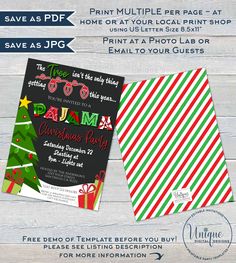 the christmas party flyer is displayed on a wooden background with red, green and white stripes