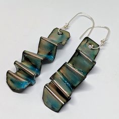 Muted Green Long Enamel Earrings Accordion Folded Statement | Etsy Unique Green Metal Earrings, Green Earrings For Jewelry Making, Green Drop Earrings With Unique Variations, Artistic Green Metal Earrings, Artsy Green Drop Earrings, Green Artsy Drop Earrings, Accordion Fold, Muted Green, Vitreous Enamel