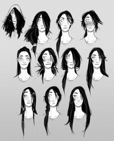 some sketches of different hair styles for the character's face and head, including one with