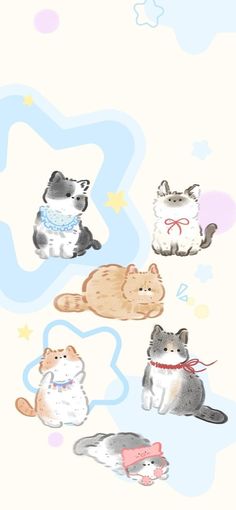 an image of cats in the sky with stars and clouds on it's back