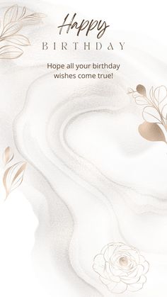 a white and gold happy birthday card with flowers