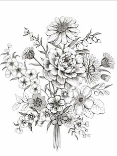 a bouquet of flowers is drawn in black and white on a white background, it looks like an ink drawing