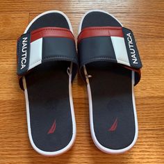 Brand New, Size 4 Casual Slide Sneakers For Beach, Sporty Slide Sneakers For Beach, Casual Low-top Beach Slides, Casual Red Slides For Outdoor, Casual Low-top Slides For Beach, Navy Sporty Slides With Cushioned Footbed, Sporty Navy Slides With Cushioned Footbed, Casual Navy Slides With Cushioned Footbed, Navy Round Toe Synthetic Slides