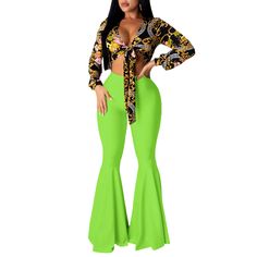 Fluorescent Green Ruffled Hem Nightclub Flare Pants Neon Bottoms For Summer Party, Green Fitted Pants For Party, Party Fitted Green Pants, Yellow Stretch Bottoms For Night Out, Stretch Yellow Bottoms For Night Out, Fitted Green Bottoms For Club, Green Pants For Spring Night Out, High Waist Pants For Club And Spring Season, High Waist Pants For Club In Spring