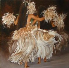 an oil painting of three women dancing with feathers