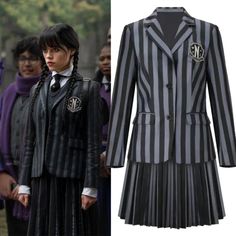 ✨Unleash your inner goth with this Wednesday Addams costume. This authentic set includes everything you need to channel the iconic character - a uniform, vest, shirt, tie, and long skirt. The costume is made from high-quality materials designed to last so that you can wear it repeatedly. The uniform features a classic "Nevermore Academy" design with a front button closure, while the vest adds texture and depth to the overall look. Addams Family Halloween Costumes, Wednesday Addams Outfit, Wednesday Addams Cosplay, Wednesday Costume, Wednesday Dress, Family Cosplay, Addams Family Costumes