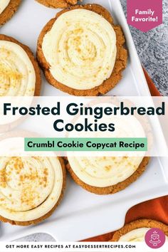 frosted gingerbread cookies on a tray with text overlay that reads frosted gingerbread cookies crumb cookie copycat recipe