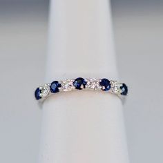 Sapphire & Diamond Anniversary Wedding Band in 18k White Gold - (#31-HRSAP00135)8 - Divine & Timeless Jewelry. #jewelry #ring #weedingrings #bestrings #giftideas #bestgift #giftforher #giftforbelovedone #giftideas2021 #jewelryhouse Shiny Ring, Sapphire And Diamond Band, Sapphire Wedding Rings, Sapphire Wedding Band, Anniversary Wedding Band, Sapphire Band, White Gold Wedding Bands, Sapphire Wedding, Sapphire Diamond Ring