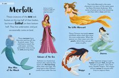 an illustrated book with mermaids in different colors and sizes, including the names of them